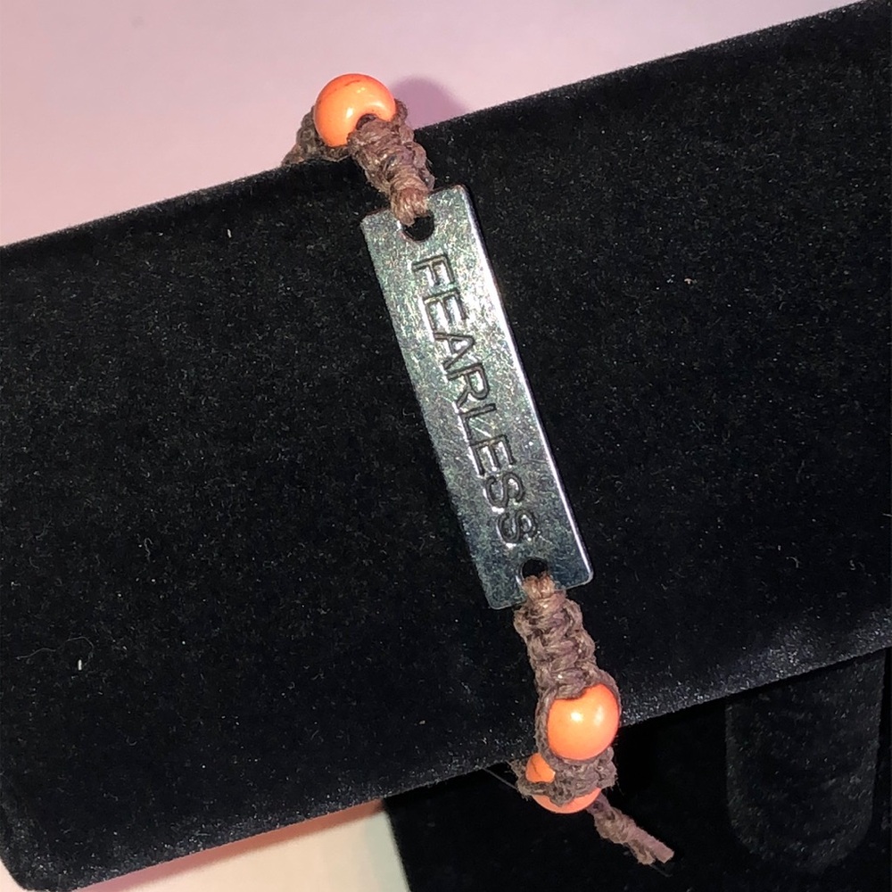 Fearless Metal Plate Bracelet with Brown Cord and Orange Beads